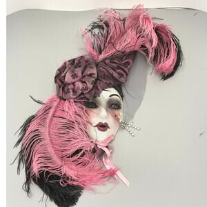 Unique Creations Lady Face Mask Wall Art Limited Edition Signed Pink Feathers